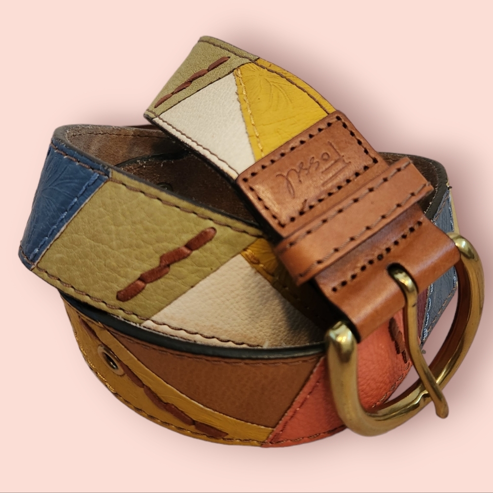 Y2k Fossil Multicolored Leather Patchwork Belt - image 1